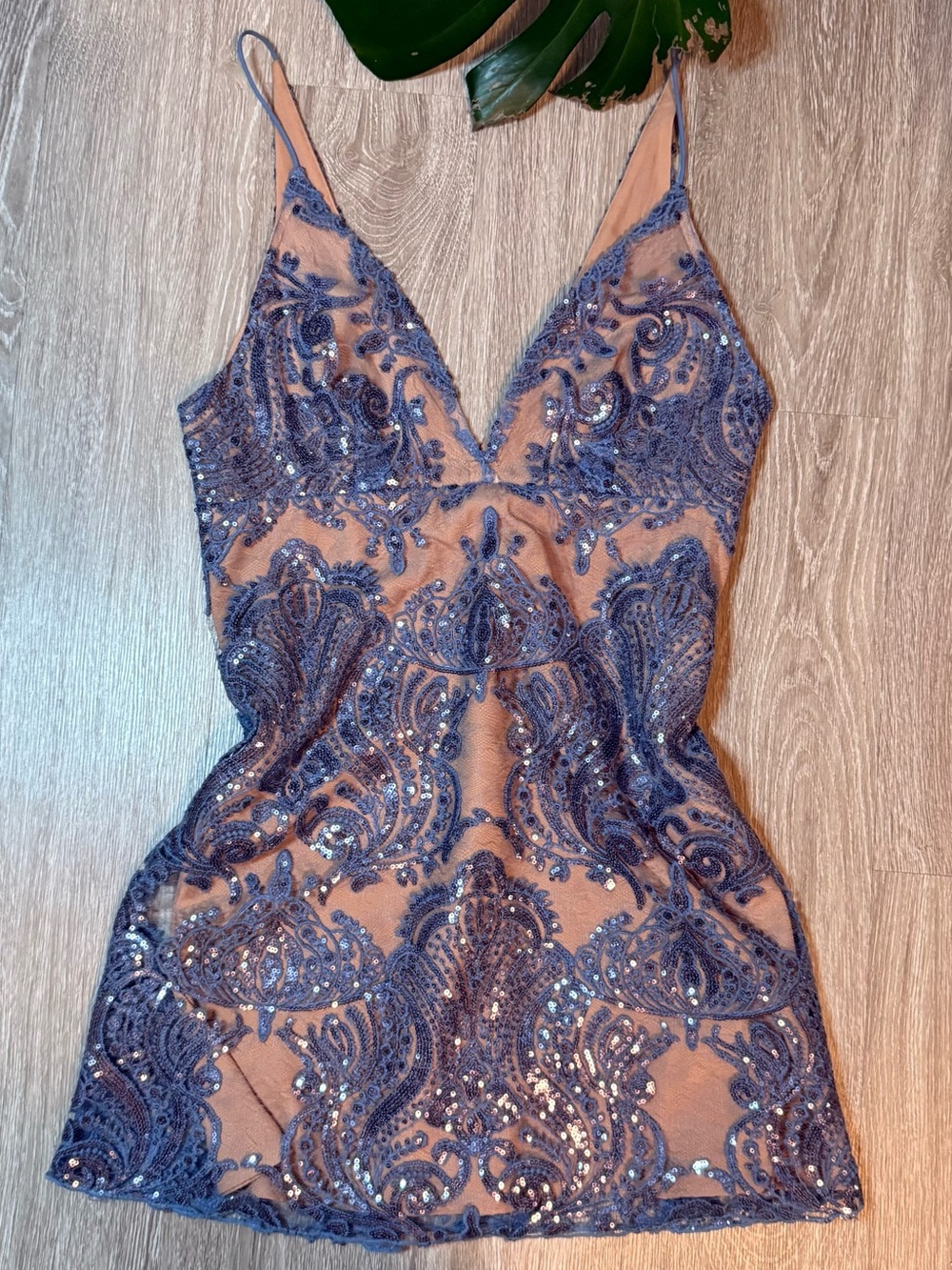 Free People Blue Sequin Lace Mini Dress – Nude Illusion Slip Dress – US 4